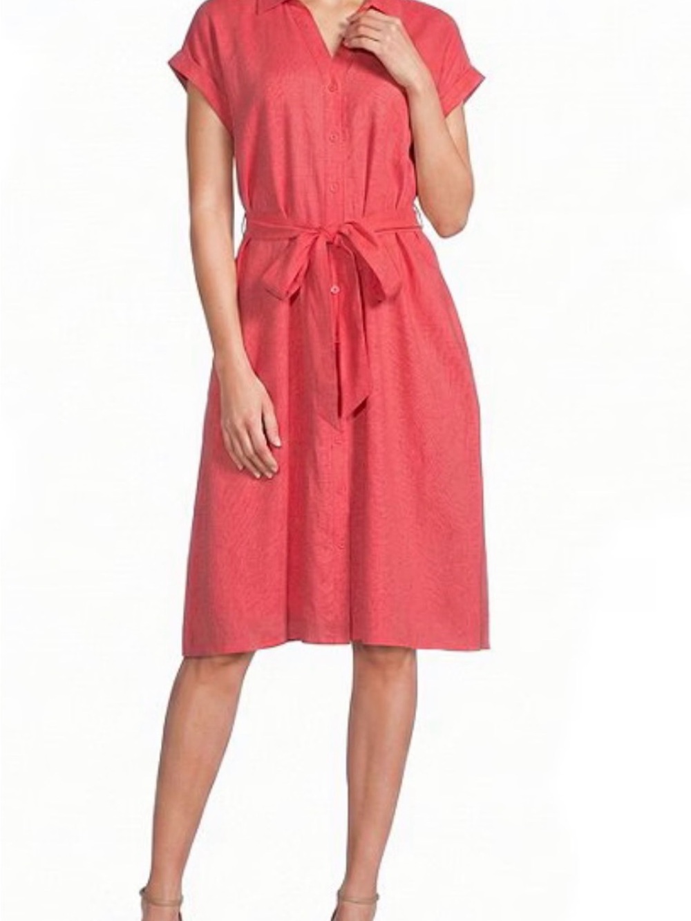 Women’s Coral Button-Front Shirt Dress with Tie Waist